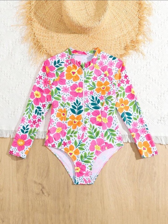 Other - Girls Floral Long Sleeve One-Piece Swimsuit - Pink & Orange Flowers